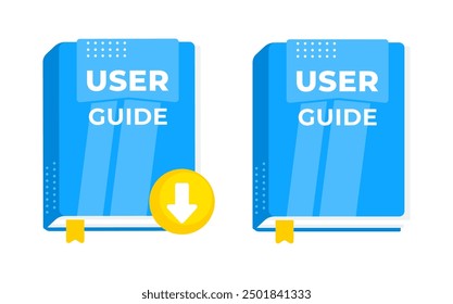 Blue user guide book icons with download symbol, representing accessing information and instructions online