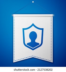 Blue User protection icon isolated on blue background. Secure user login, password protected, personal data protection, authentication. White pennant template. Vector
