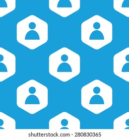 Blue user symbol in white hexagon, repeated on blue