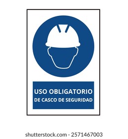 Blue uso obligatorio casco de seguridad sign on a white background (trad. safety helmet must worn)