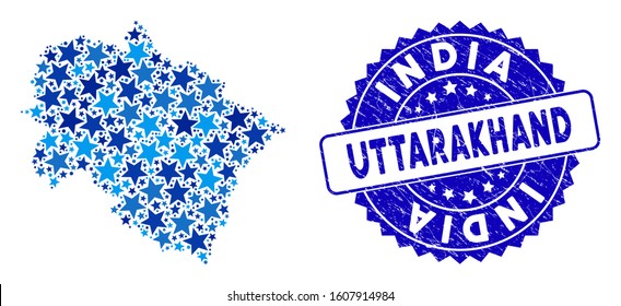 Blue Uttarakhand State map mosaic of stars, and scratched rounded stamp seal. Abstract territory scheme in blue color tinges. Vector Uttarakhand State map is designed with blue stars.