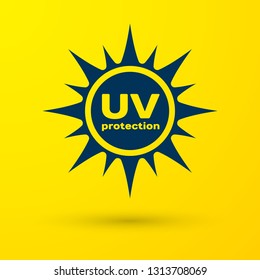 Blue UV protection icon isolated on yellow background. Ultra violet rays radiation. SPF sun sign. Vector Illustration