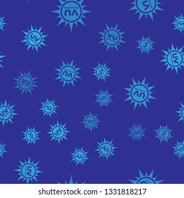 Blue UV protection icon isolated seamless pattern on blue background. Ultra violet rays radiation. SPF sun sign. Vector Illustration