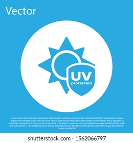 Blue UV Protection Icon Isolated On Blue Background. Sun And Shield. Ultra Violet Rays Radiation. SPF Sun Sign. White Circle Button. Vector Illustration