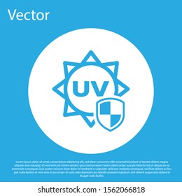 Blue UV protection icon isolated on blue background. Sun and shield. Ultra violet rays radiation. SPF sun sign. White circle button. Vector Illustration