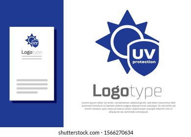 Blue UV protection icon isolated on white background. Sun and shield. Ultra violet rays radiation. SPF sun sign. Logo design template element. Vector Illustration