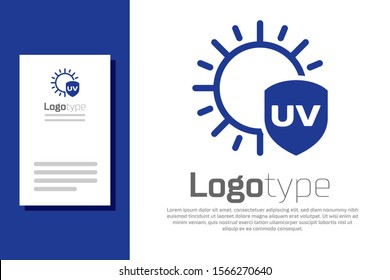 Blue UV protection icon isolated on white background. Sun and shield. Ultra violet rays radiation. SPF sun sign. Logo design template element. Vector Illustration