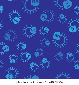 Blue UV protection icon isolated seamless pattern on blue background. Sun and shield. Ultra violet rays radiation. SPF sun sign.  Vector Illustration