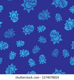 Blue UV protection icon isolated seamless pattern on blue background. Sun and shield. Ultra violet rays radiation. SPF sun sign.  Vector Illustration