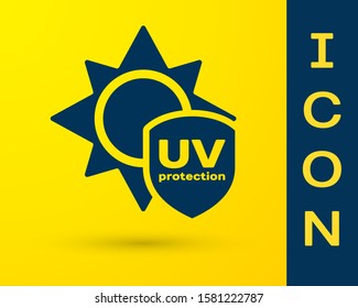 Blue UV protection icon isolated on yellow background. Sun and shield. Ultra violet rays radiation. SPF sun sign.  Vector Illustration
