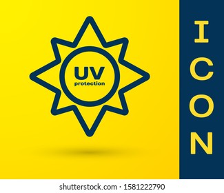 Blue UV protection icon isolated on yellow background. Ultra violet rays radiation. SPF sun sign.  Vector Illustration