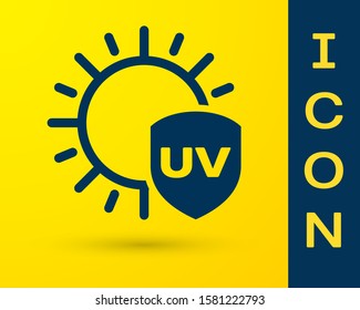 Blue UV protection icon isolated on yellow background. Sun and shield. Ultra violet rays radiation. SPF sun sign.  Vector Illustration