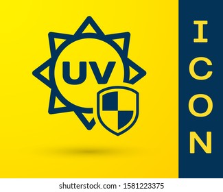 Blue UV protection icon isolated on yellow background. Sun and shield. Ultra violet rays radiation. SPF sun sign.  Vector Illustration
