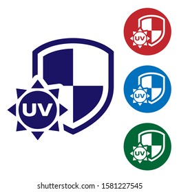 Blue UV protection icon isolated on white background. Sun and shield. Ultra violet rays radiation. SPF sun sign. Set color icons in circle buttons. Vector Illustration