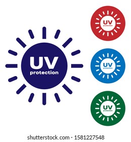 Blue UV protection icon isolated on white background. Ultra violet rays radiation. SPF sun sign. Set color icons in circle buttons. Vector Illustration