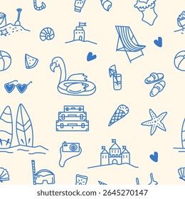 Blue vacation sea seamless pattern. Hand drawn sketch background, surf, seashell, fishstar, ice cream, sand castle. Vector summer illustration in doodle style.