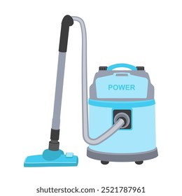 Blue vacuum cleaner in flat design. Retro hoover, housekeeping appliance. Vector illustration isolated.