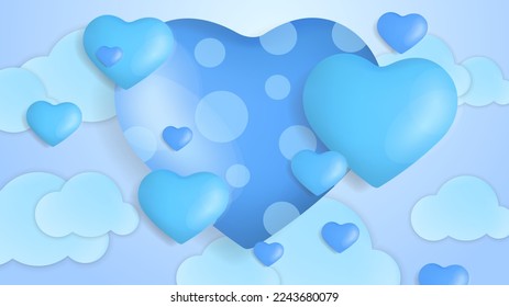 Blue Valentine christmas new year 3d design background with love heart shaped balloon. Vector illustration, greeting banner, card, wallpaper, flyer, poster, brochure, wedding invitation