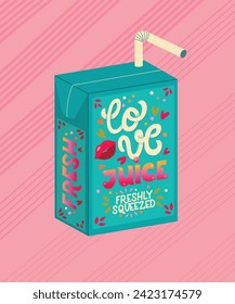 Blue Valentine juice box with hand lettering love juice. Cute festive romantic holiday illustration. Bright colorful pink and blue vector design.