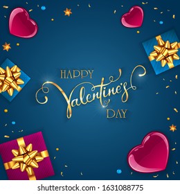 Blue Valentines background with pink hearts, gifts with golden bow and shiny stars. Gold lettering Happy Valentine's Day. Illustration can be used for holiday design, poster, cards, websites, banners.