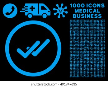 Blue Validation vector rounded icon. Image style is a flat icon symbol inside a circle, black background. Bonus clipart includes 1000 health care business symbols.