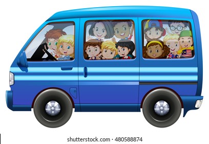 Blue Van Full Of Children Illustration