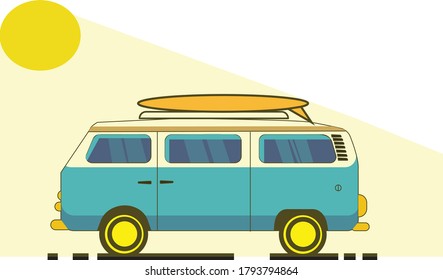 
a blue van running in the sun in the summer with a surfboard