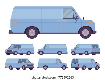 Blue van set. Road vehicle for transporting goods, medium-sized motor delivery truck for commercial service and business needs. Vector flat style cartoon illustration isolated on white background