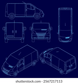 Blue van is shown in a series of drawings. The van is a small, compact vehicle with a stripe down the middle. The drawings are in blue