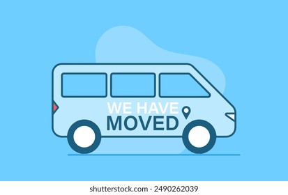 A blue van with white lettering reading 'We Have Moved' and a blue pin is shown on a light blue background. The van is in a simple outline style with two small windows on either side.