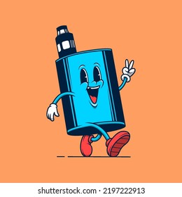 Blue vaping device mascot walking. Retro vintage cartoon logo illustration.