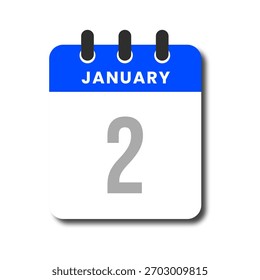 Blue variant of January 2 flat calendar icon, minimalist design for planner, office, or schedule apps.