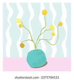 Blue vase with a bouquet of yellow flowers, on a white background. Still life with a vase in the style of minimalism for the interior, postcards, paintings. Vector illustration in a simple style	