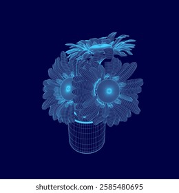 A blue vase filled with a bunch of flowers is placed on a blue background. The flowers are arranged in a basket, giving the impression of a natural and organic setting