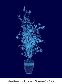 Blue vase filled with leaves sits on a blue background. The vase is the main focus of the image, and the green leaves are arranged in a way that creates a sense of movement and life