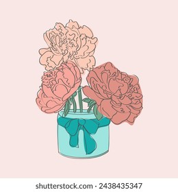 A blue vase filled with pink flowers is placed on a pink background. The flowers appear to be doodle hand-painted peonies