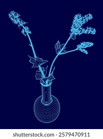 Blue vase with a flower in it. The flower is in the center of the vase and is surrounded by leaves. The vase is placed on a table