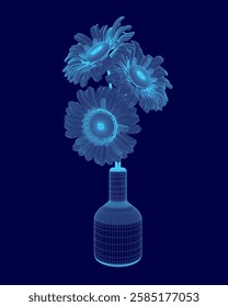 A blue vase with a flower in it. The flower is in the center of the vase and is surrounded by a blue background