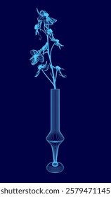 Blue vase with a flower in it. The vase is tall and slender, and the flower is small and delicate. The blue color of the vase and the flower creates a calming and serene atmosphere