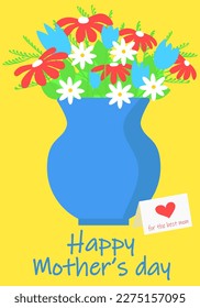 A blue vase with flowers and a note that says happy. Mother's Day card or vertical banner. Vector illustration.