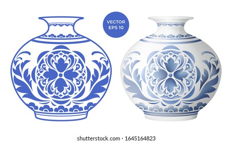 Blue vase isolated on white background. 
Porcelain illustration. Decorative ceramic