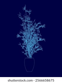 Blue vase with a plant inside of it. The plant is tall and has many branches