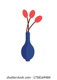 Blue vase with red flowers. Decorative interior object. Vector cartoon flat illustration isolated on white background.