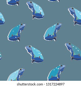 Blue vecor reepat pattern with tropical turquoise frog. Surface pattern design.