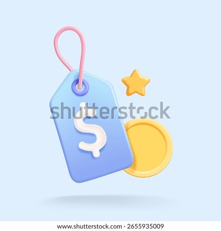 A blue vecotr 3D price tag with dollar symbol next to a gold coin and yellow star, symbolizing cost, price or offer.
