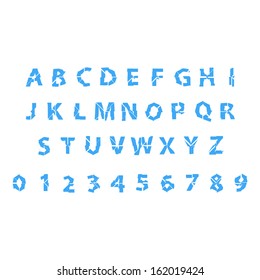 Blue vector abstract alphabet and numbers created from pieces