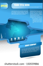 Blue vector abstract background for brochure, flyer, poster or website with information icons  