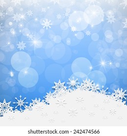 Blue Vector Abstract Blurred Bokeh Winter Background with Paper Snowflakes
