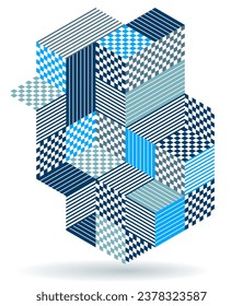 Blue vector abstract geometric background with cubes and different rhythmic shapes, isometric 3D abstraction art displaying city buildings forms look like, op art.