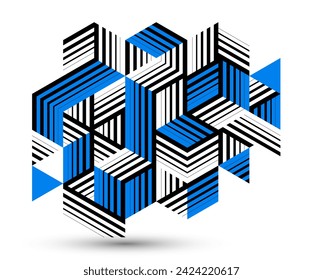 Blue vector abstract geometric background with cubes and different rhythmic shapes, isometric 3D abstraction art displaying city buildings forms look like, op art.